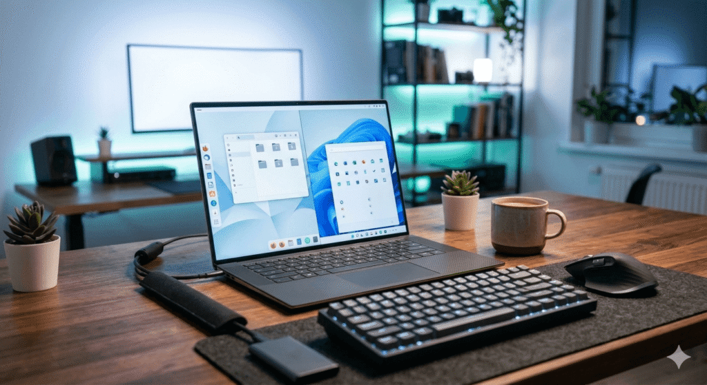 Notebook Linux moderno em ambiente premium tecnológico elegante