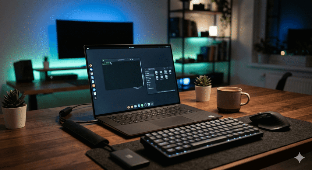 Interface Linux moderna em notebook premium minimalista