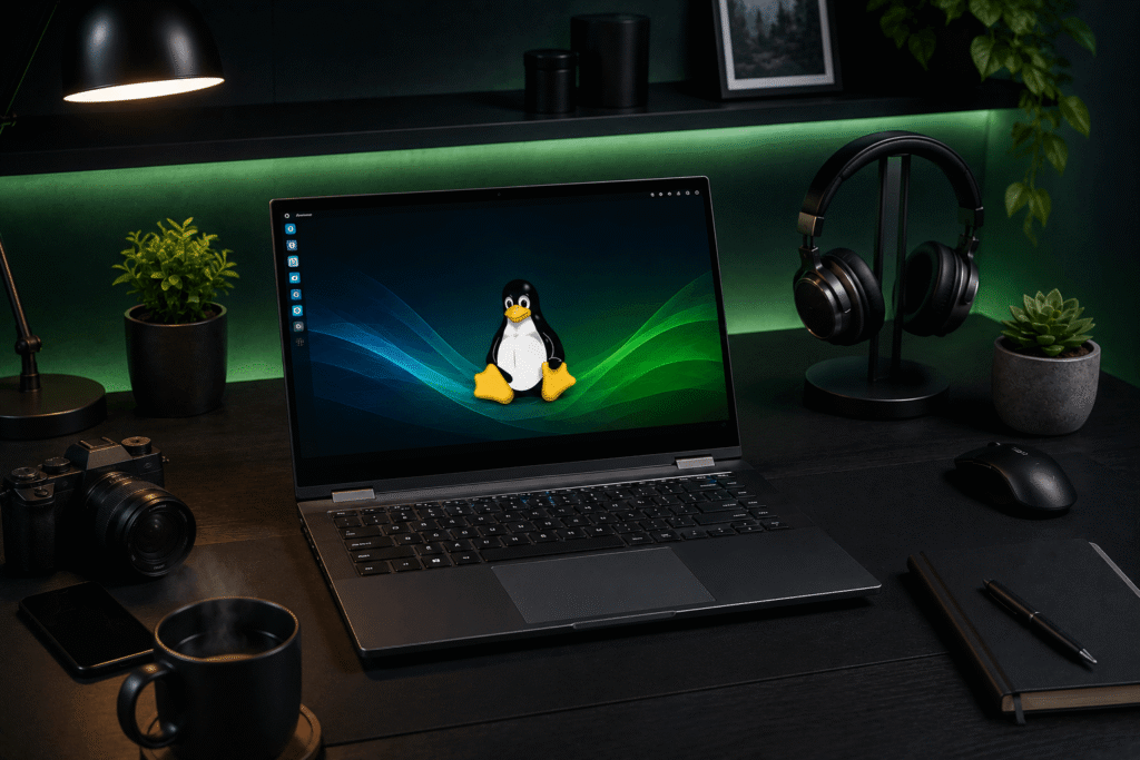 Notebook Linux em ambiente tecnológico editorial sofisticado
