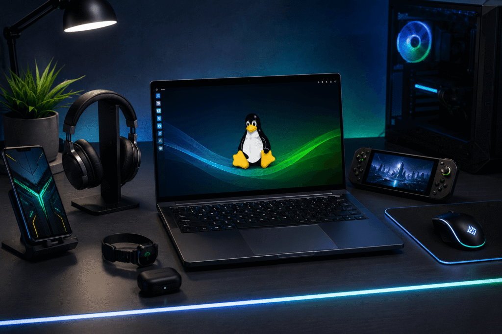 Notebook Linux moderno em ambiente premium tecnológico elegante