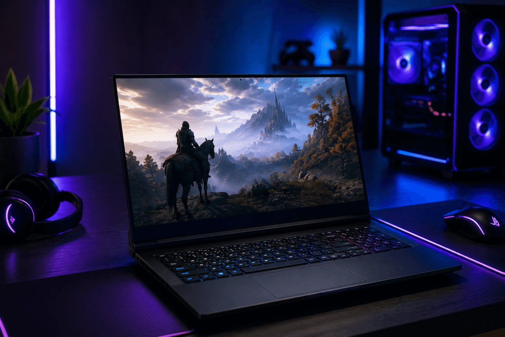 Notebook gamer Linux rodando jogo moderno em setup RGB