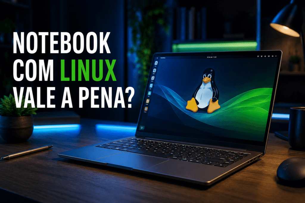 Notebook moderno com sistema Linux em ambiente tecnológico premium