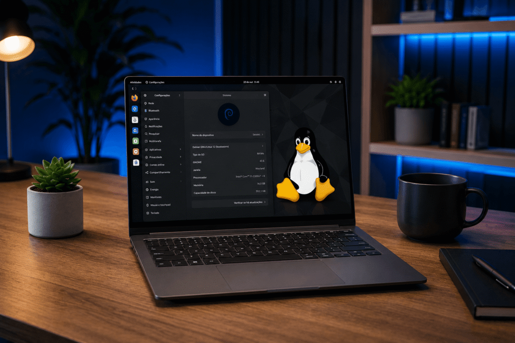 Notebook premium utilizando Linux em setup minimalista elegante
