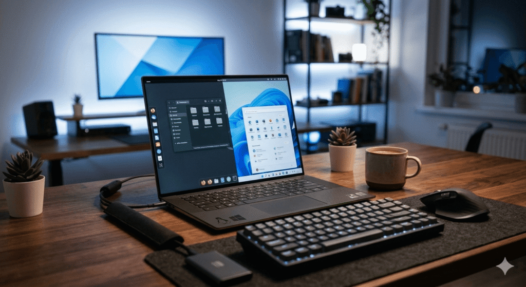 Notebook alternando entre sistemas Linux e Windows