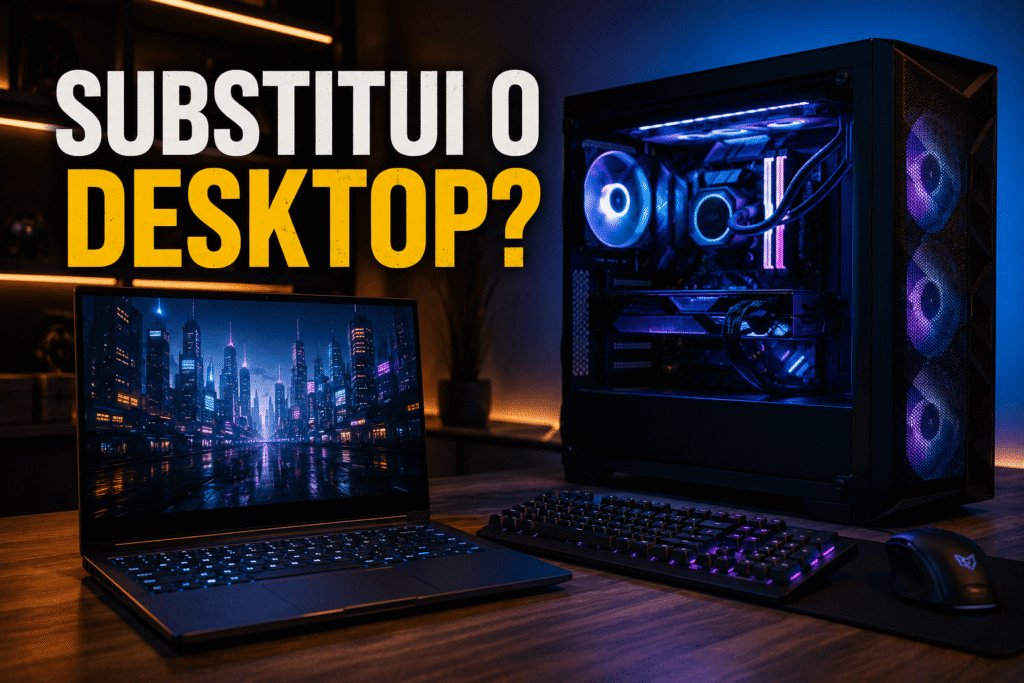 Notebook gamer moderno comparado a desktop em análise de desempenho, mobilidade e custo-benefício em 2026