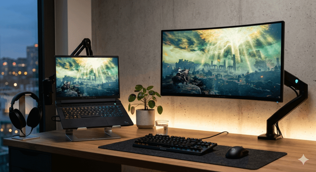 Notebook gamer moderno comparado a desktop em análise de desempenho, mobilidade e custo-benefício em 2026