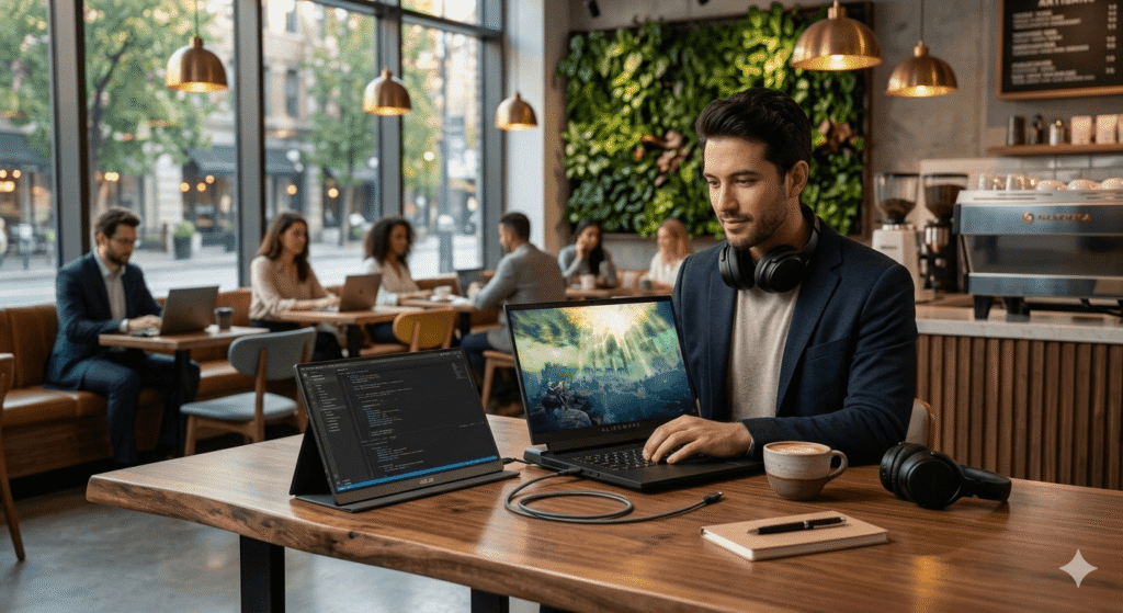 Notebook gamer moderno comparado a desktop em análise de desempenho, mobilidade e custo-benefício em 2026