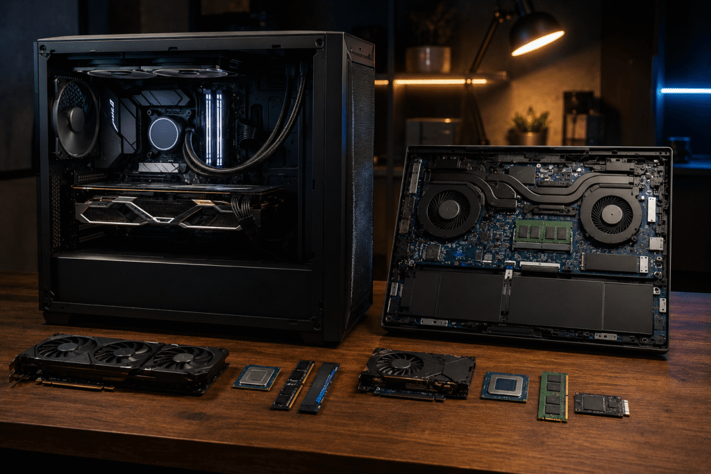 Notebook gamer moderno comparado a desktop em análise de desempenho, mobilidade e custo-benefício em 2026