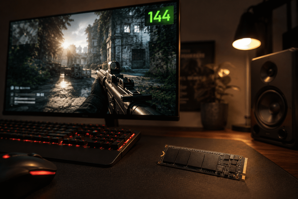 SSD NVMe utilizado em computador gamer para análise de desempenho e carregamento de jogos em 2026