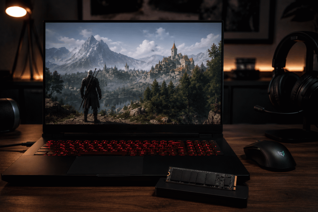SSD NVMe utilizado em computador gamer para análise de desempenho e carregamento de jogos em 2026