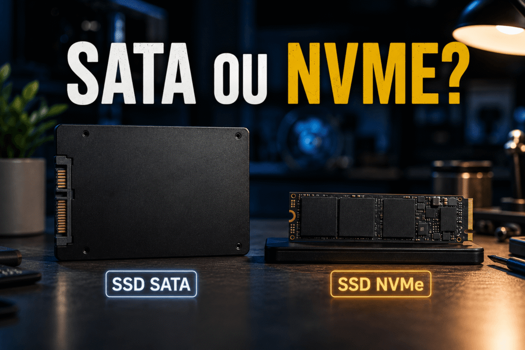 Comparação entre SSD SATA e SSD NVMe mostrando diferenças de velocidade, compatibilidade e desempenho em notebooks