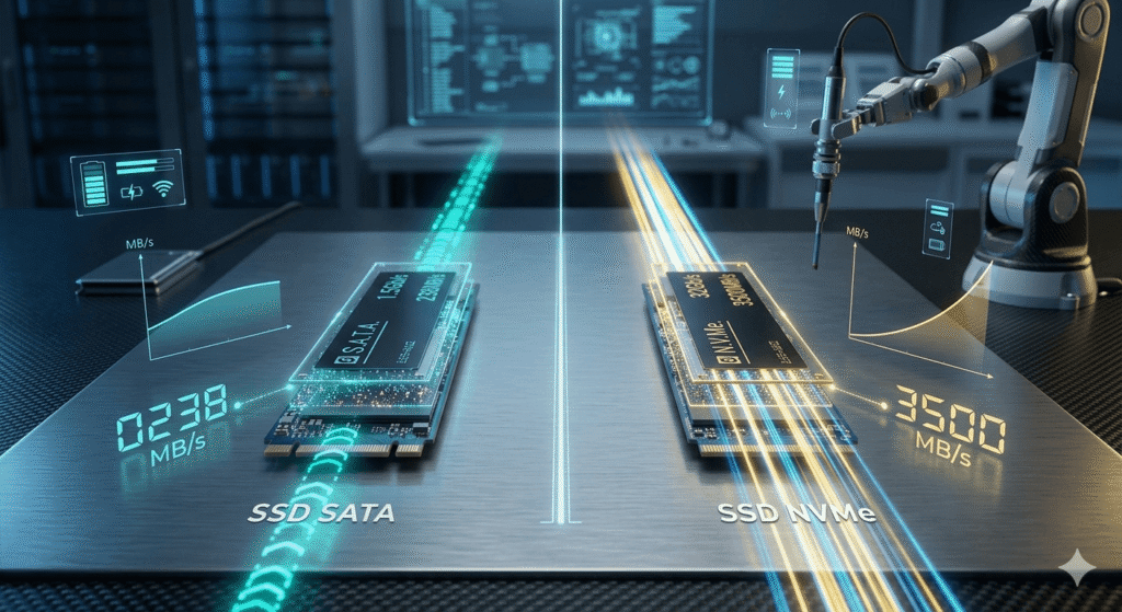 Comparação entre SSD SATA e SSD NVMe mostrando diferenças de velocidade, compatibilidade e desempenho em notebooks